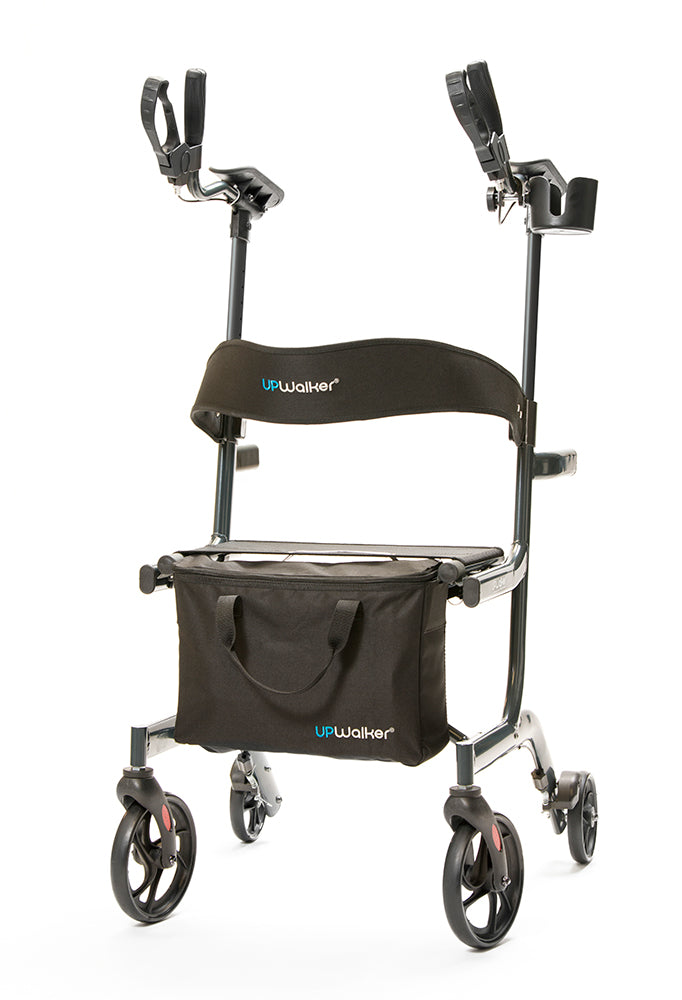 A small, lightweight UPWalker Lite Upright Walker with the branded personal item bag and backrest support attachments.