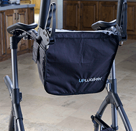 An UPWalker-branded personal walker bag attachment connected to the rear of an upright walker, opposite the seat.