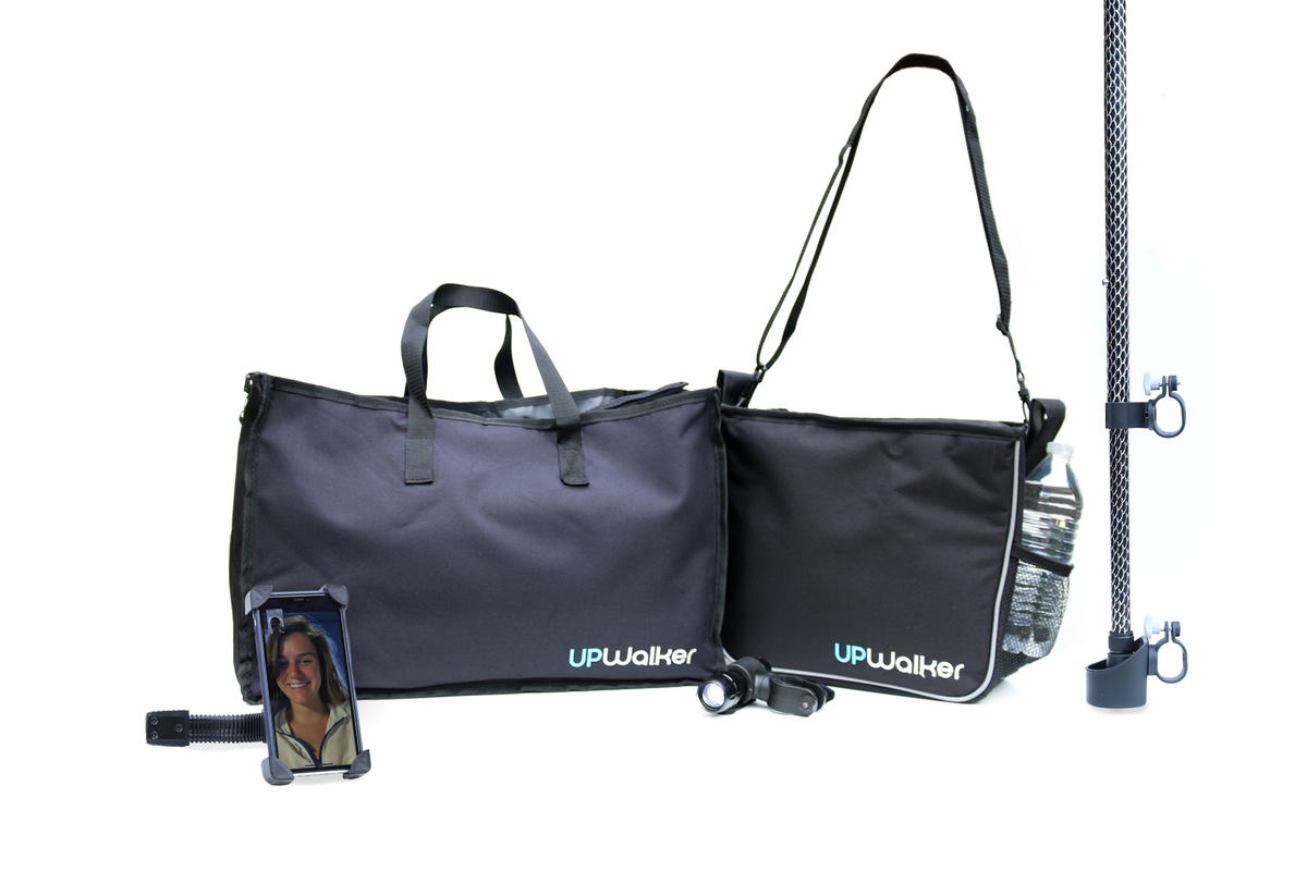 Walker accessory bundle: a walker flashlight attachment, phone holder mount, cane holder, a grocery bag, and a tote bag.