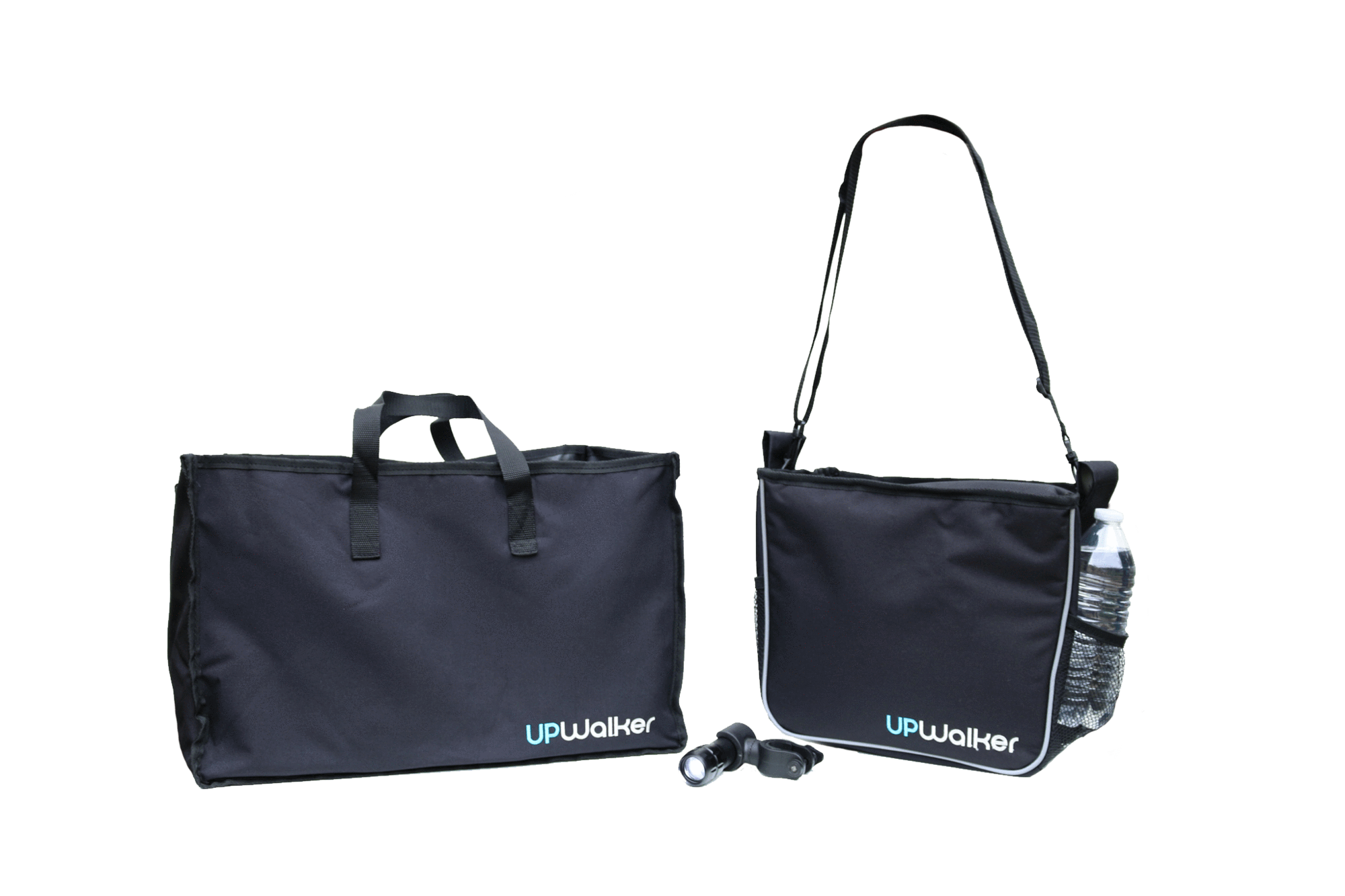 Luxury walker accessory bundle: UPWalker-branded grocery bag and sling travel bag, plus a walker flashlight attachment.