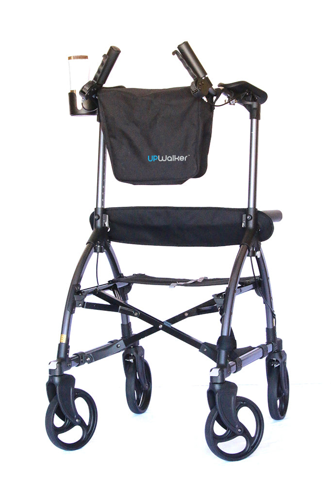 An UPWalker upright walker with a seat from LifeWalker, including a branded bag attached to the handles and a drink holder.