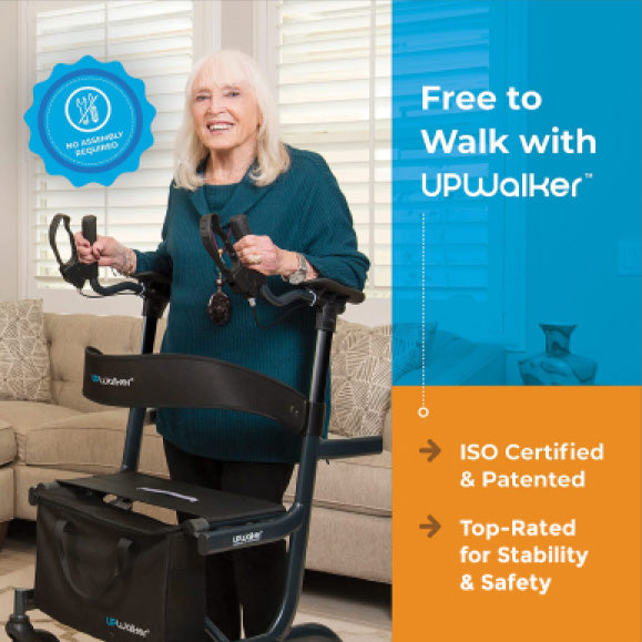 UPWalker Lite The Original Upright Walker - The Safest Fully Assembled Adjustable Stand-Up Rollator Walker with Locking Seat, Armrest, Backrest for Seniors